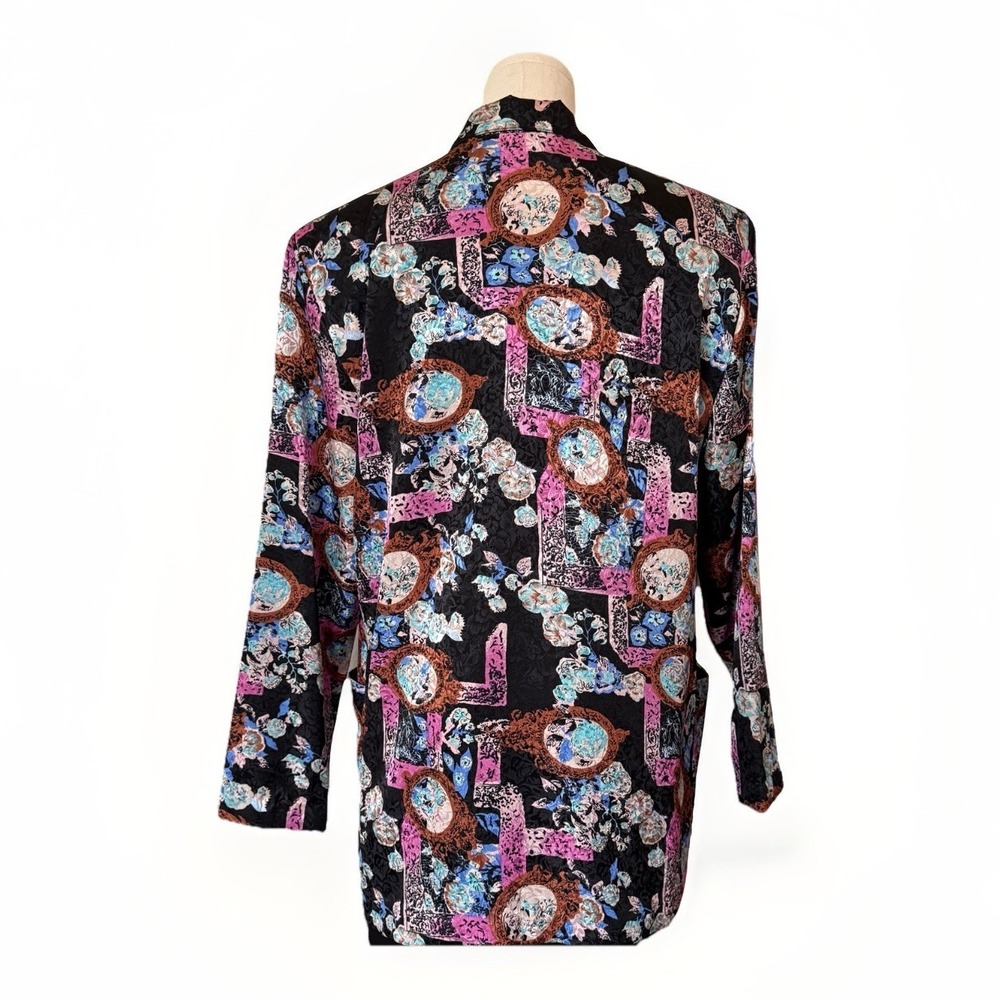 Vintage Floral Satin Blazer Sz S Black Maximalist Jacket Statement Feminine Art - Picture 4 of 11